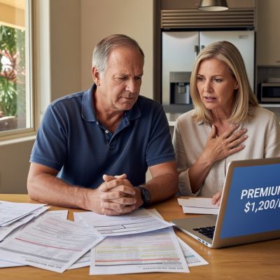Florida couple reviewing rising health insurance premium costs at kitchen table