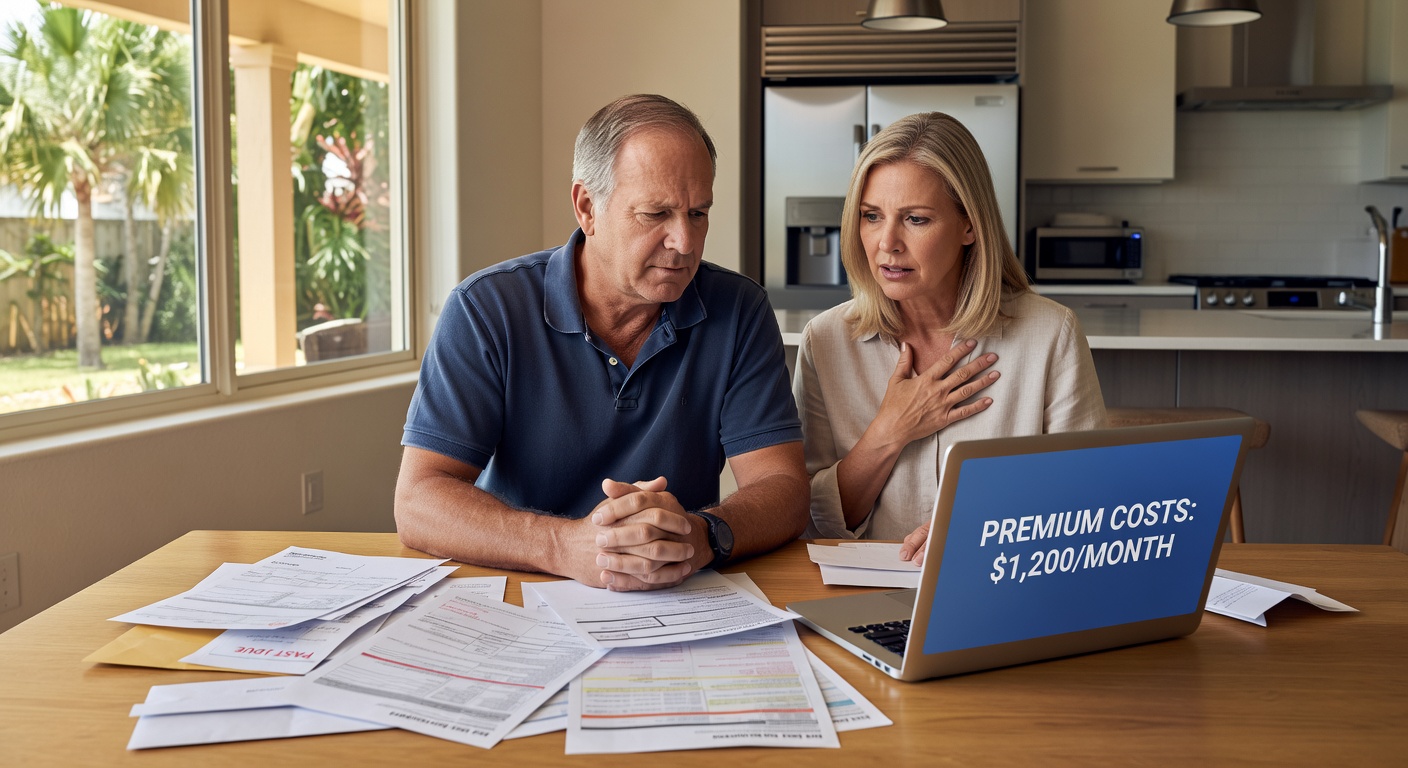 Florida couple reviewing rising health insurance premium costs at kitchen table