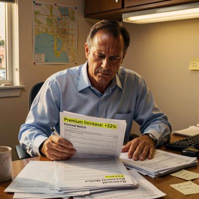 Small business owner stressed about rising insurance renewal costs in Orlando office