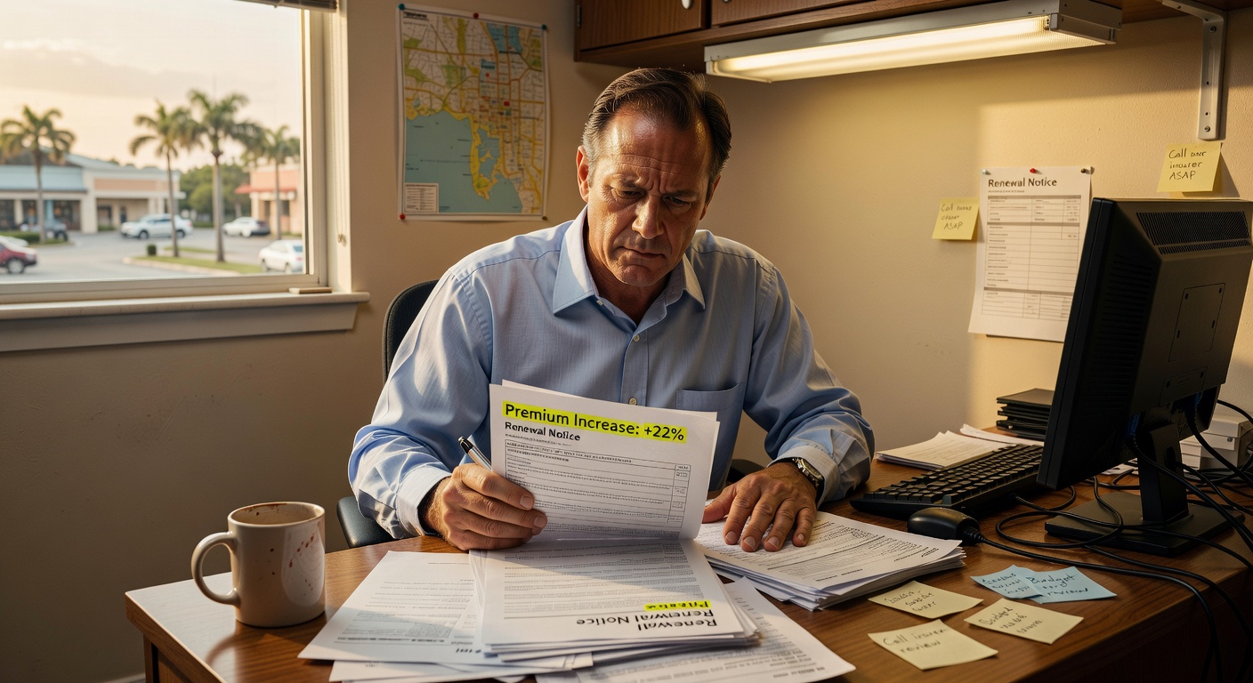 Small business owner stressed about rising insurance renewal costs in Orlando office