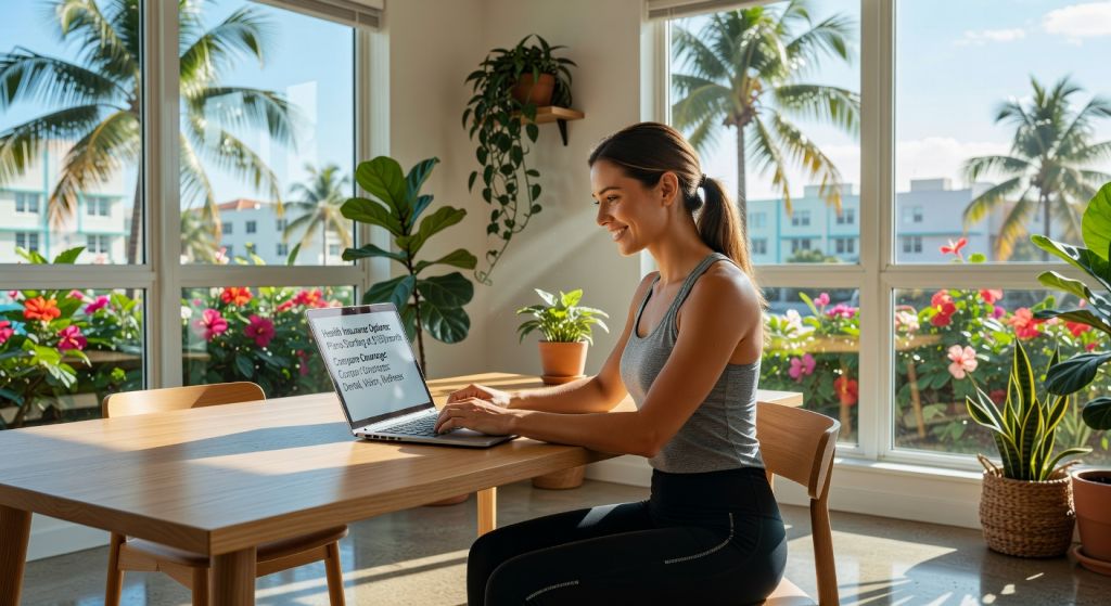 Young Florida woman researching catastrophic health insurance options on laptop