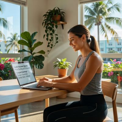 Young Florida woman researching catastrophic health insurance options on laptop