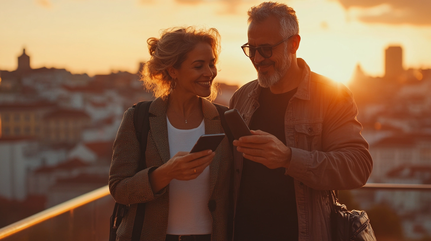 Confident American couple on a rooftop terrace overlooking a foreign city — HTH TripProtector global travel insurance