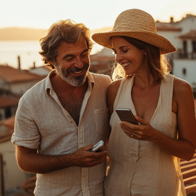 Couple on a terracotta-tiled rooftop at sunset, smiling as they look at their smartphones.