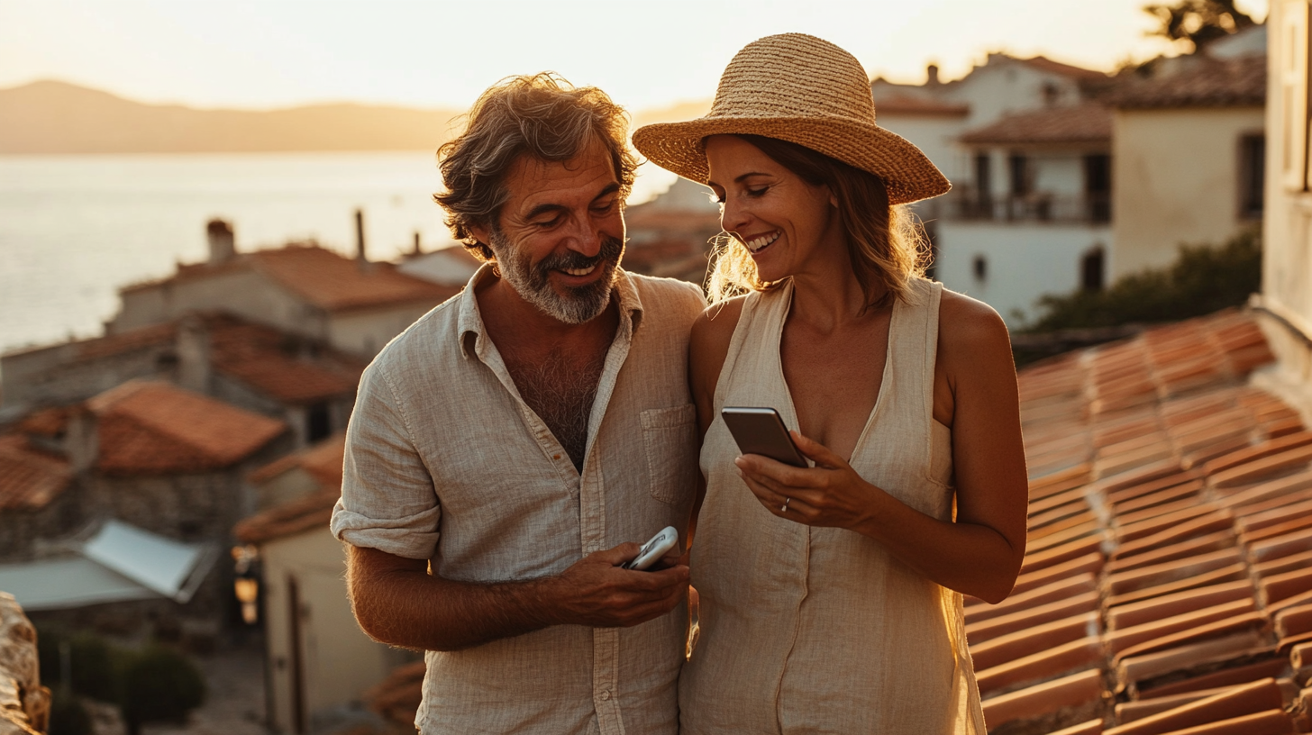 Couple on a terracotta-tiled rooftop at sunset, smiling as they look at their smartphones.