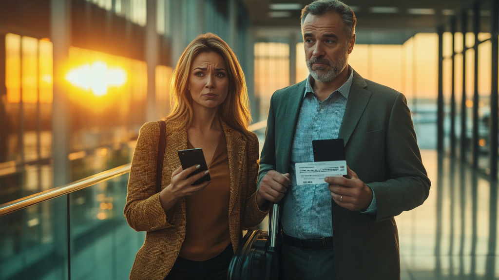 Two adults in a modern airport terminal at sunset, a woman holding a smartphone and a man with a passport and boarding pass beside a rolling suitcase, both looking serious.