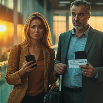 Two adults in a modern airport terminal at sunset, a woman holding a smartphone and a man with a passport and boarding pass beside a rolling suitcase, both looking serious.