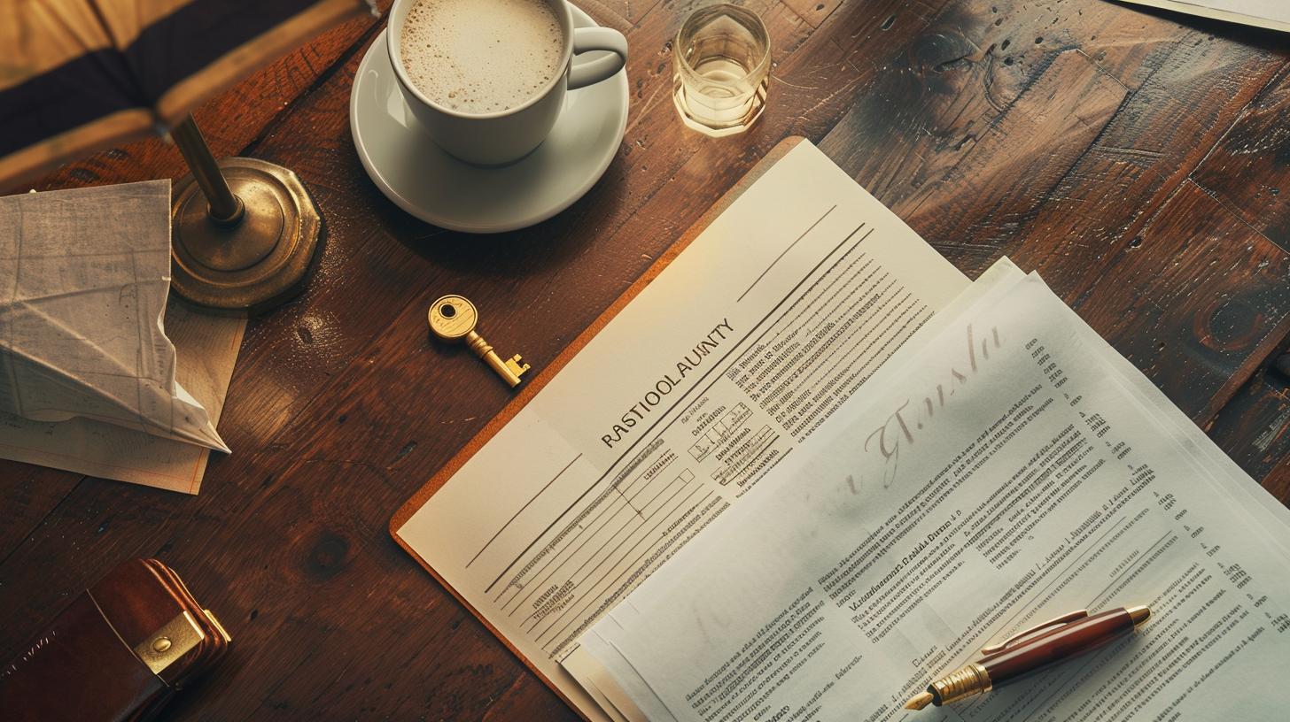 Flat lay of an insurance policy, fountain pen, brass key, and umbrella — the components of key person insurance coverage