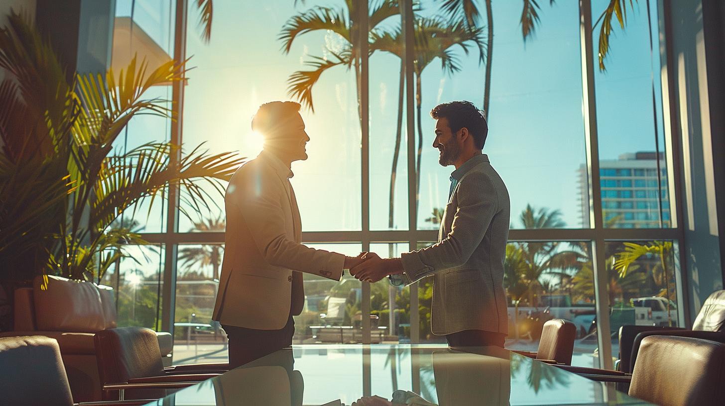 Two professionals shaking hands in a sunlit Florida office — meeting with an Orca Insurance broker in Winter Park
