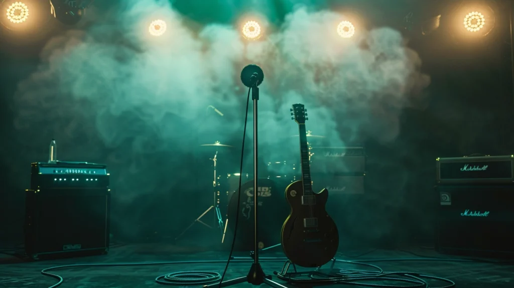 Electric guitar on a stand at center stage with a microphone, surrounded by teal smoke and amplifiers nearby.