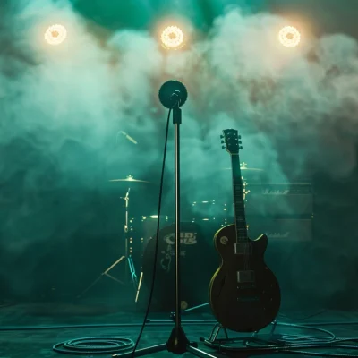Electric guitar on a stand at center stage with a microphone, surrounded by teal smoke and amplifiers nearby.