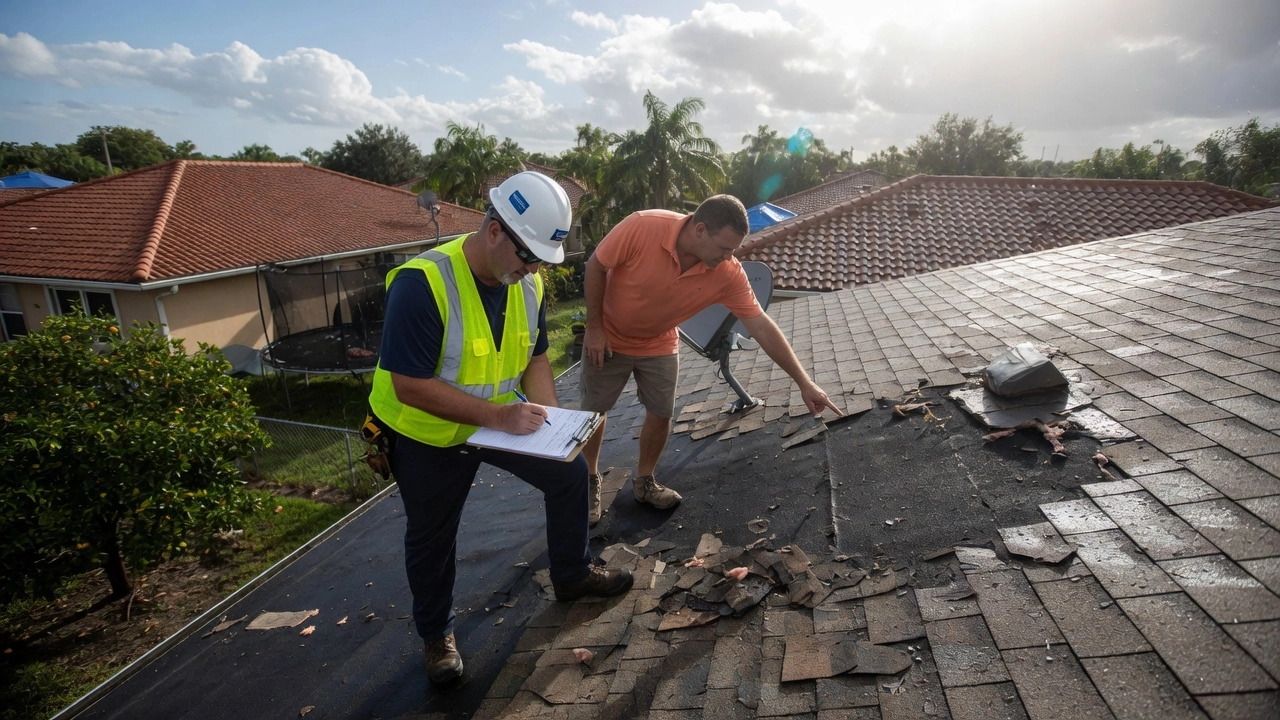 Worker in a neon safety vest and hard hat documents roof damage while another man points to loose shingles on a tiled roof.