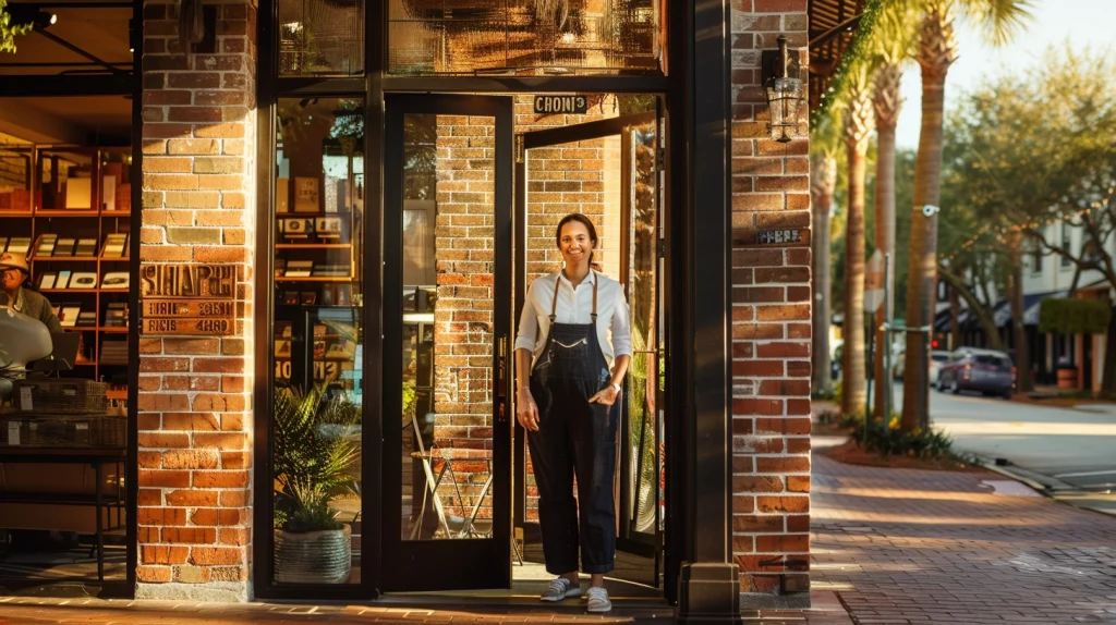 Smiling woman in a white shirt and dark overalls stands in the open doorway of a brick storefront on a sunny street.