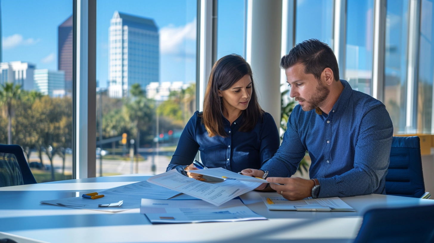 Two professionals reviewing commercial insurance documents at a modern conference table with the Orlando skyline in the background — Orca Insurance Group