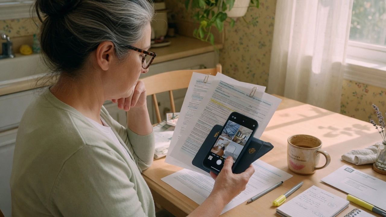 Florida homeowner reviewing insurance paperwork and documenting damage on her phone at a sunlit kitchen table — Orca Insurance Group claim filing 2026
