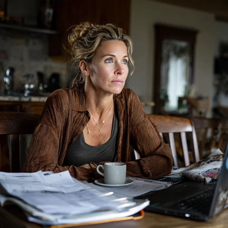 Woman sits at a wooden table with scattered papers and a laptop, gazing thoughtfully out of frame in a cozy kitchen.
