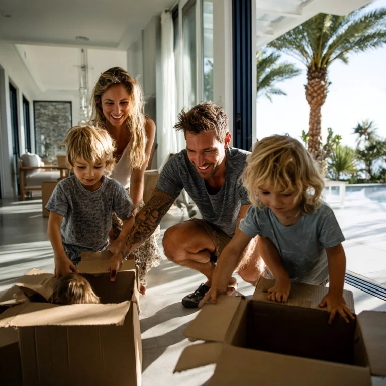 Family of four—mother, father, and two young boys—smiling while playing with cardboard boxes in a bright, modern home. outside patio and palm trees visible.