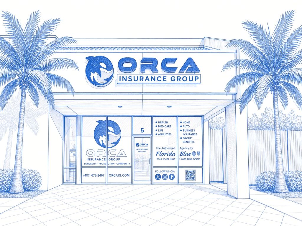 Front of Orca Insurance Group building with logo, palm trees, and service panels listing health, life, auto, home insurance.