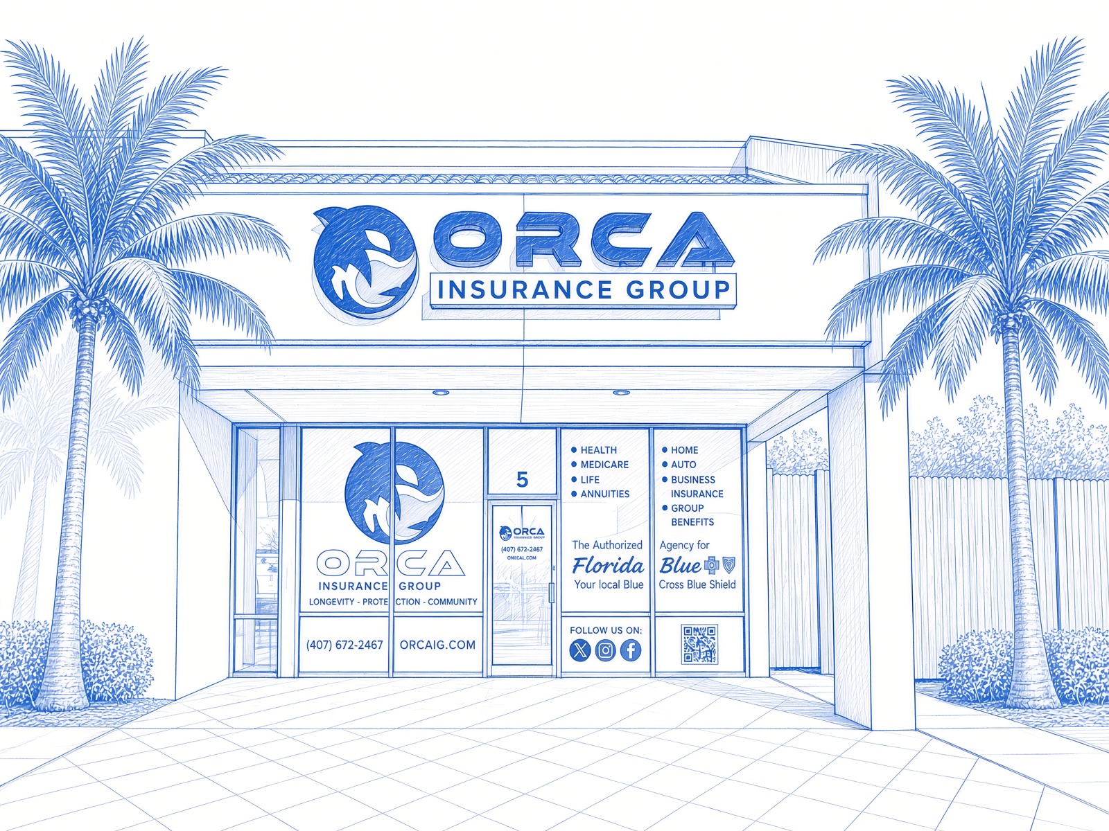 Orca Insurance Group line art illustration of the office building.