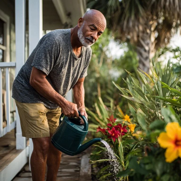 Older man watering colorful flowers on a porch with a green watering can.
