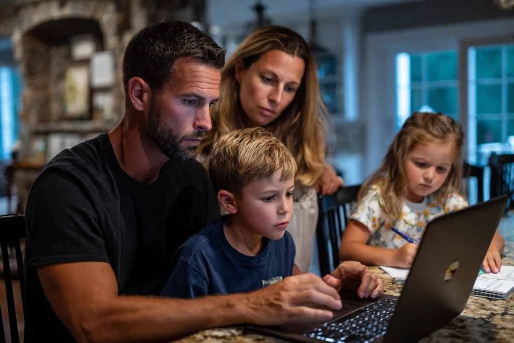 Father and mother guide two children as they work on a laptop at a kitchen island, focused on the screen at the center of the scene.