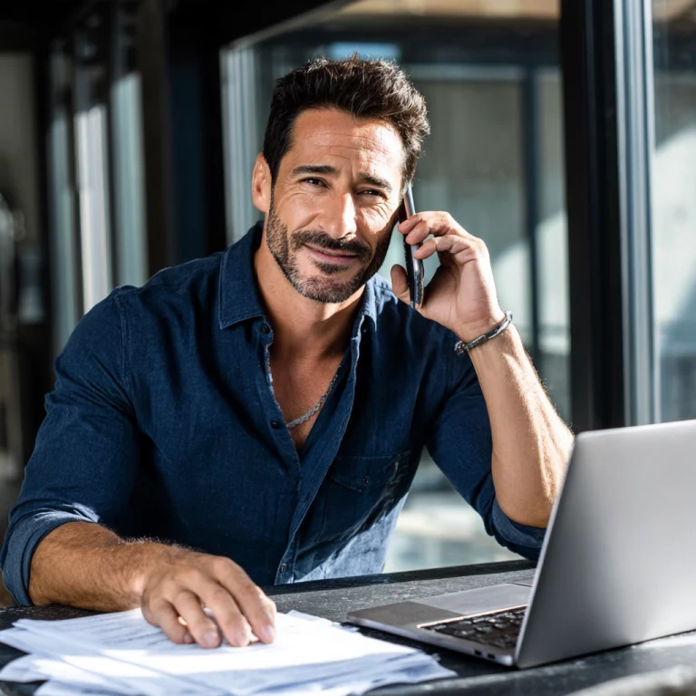 Man in a blue shirt talks on a cellphone at a desk with papers and a laptop nearby, outdoors or in a modern office setting.
